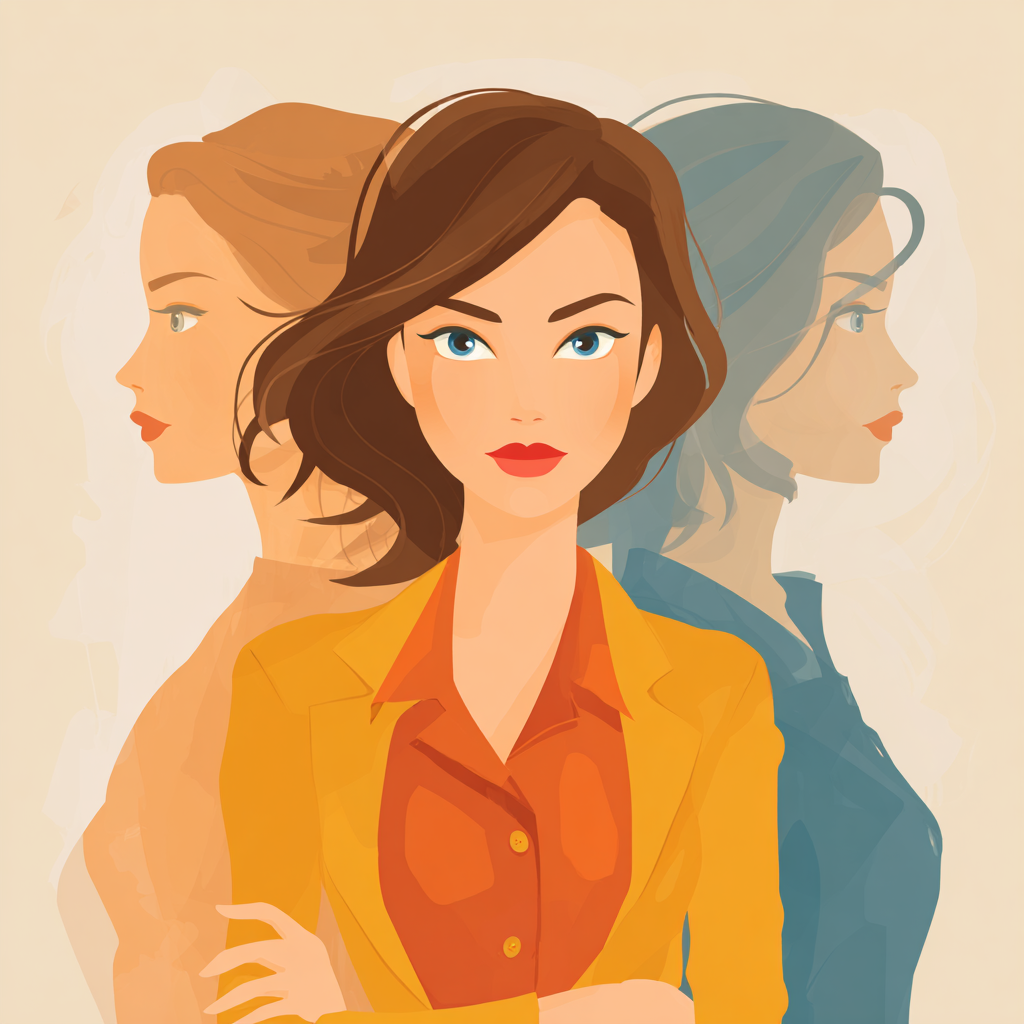 Illustration of a woman facing forward with two faded profiles behind her, representing personal growth and an evolving identity.
